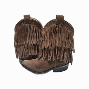 Shyanne Girls' Brown Suede Double Fringe Western Cowgirl Boots Snip Toe Sz 9